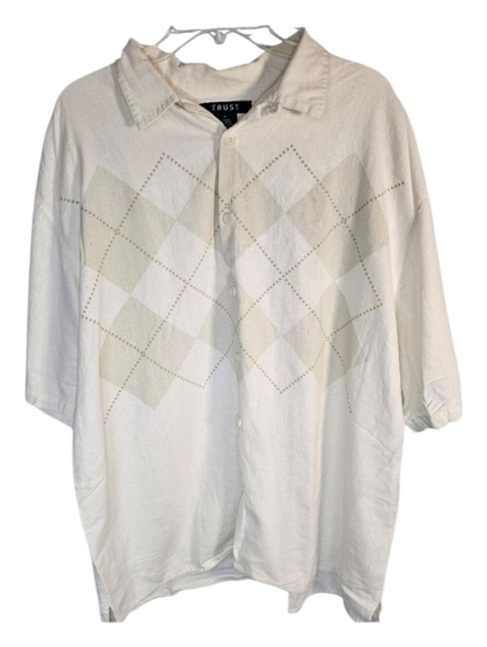 Trust Linen Blend Short Sleeve Button Down Cream Argyle Men's Shirt Size M